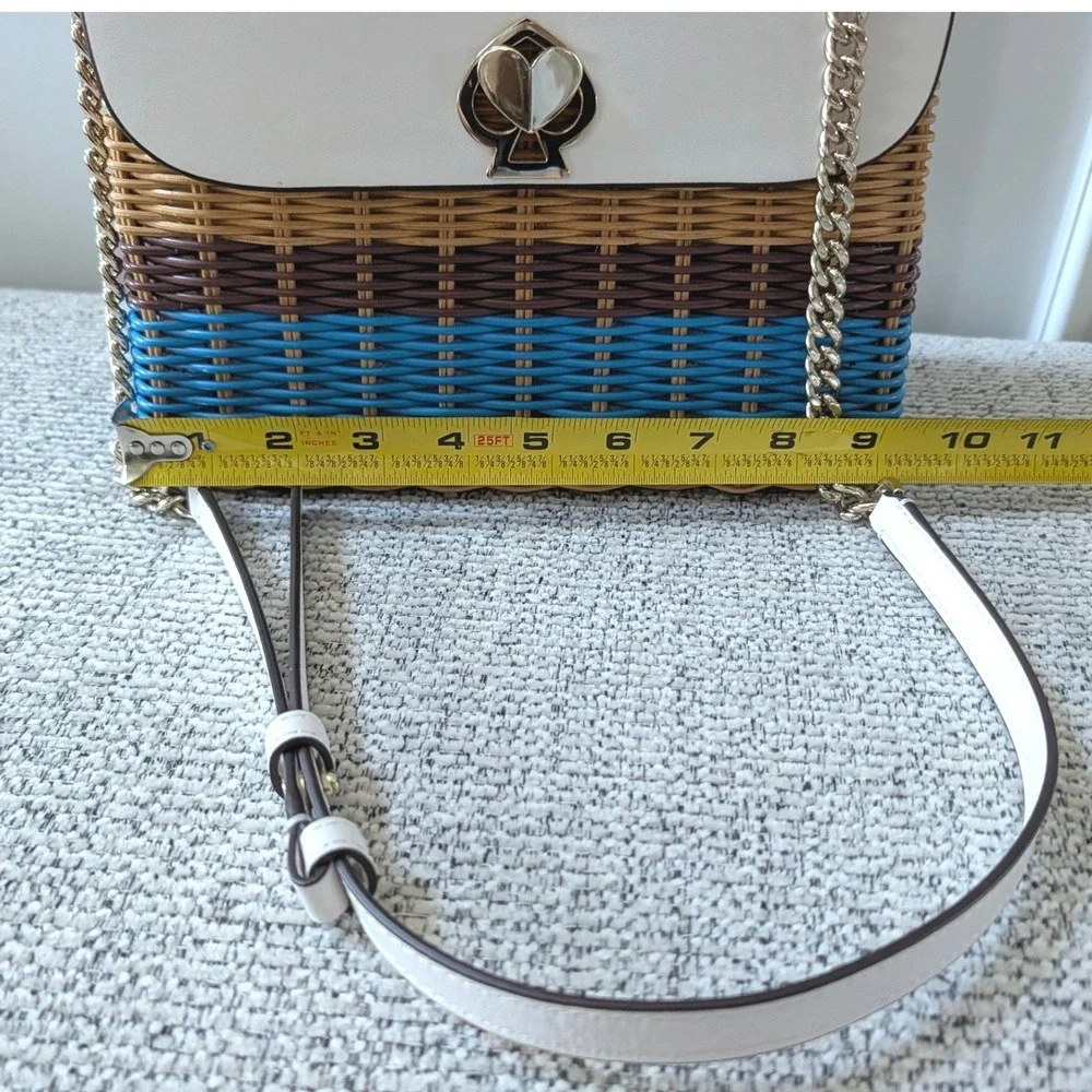 Kate Spade Romy Wicker Medium Top Handle Bag White Blue Woven